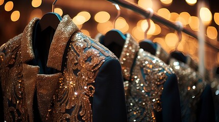 Luxurious evening dresses in sequins on hangers in the fitting room. Generation AI