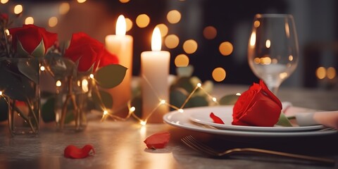 elegant and romantic dining table concept with candles in a restaurant. Romantic dinner setting with candles on top and a scattering of roses on the table. Generative AI