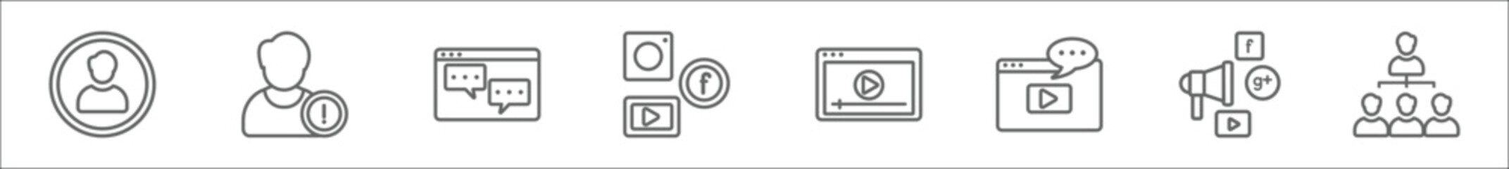 Poster - outline set of social media line icons. linear vector icons such as user avatar, user warning, chat box, ads, video player, advise, marketing, path