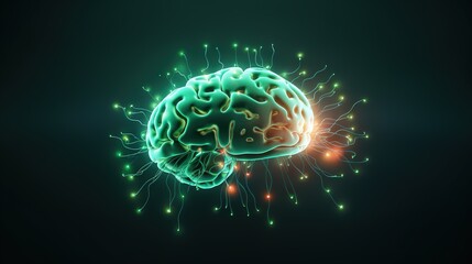 Poster -  a computer generated image of a brain with a lot of green and yellow lights.  generative ai