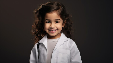 Wall Mural - A little girl in a white coat plays doctor. The concept of a child in an adult profession.