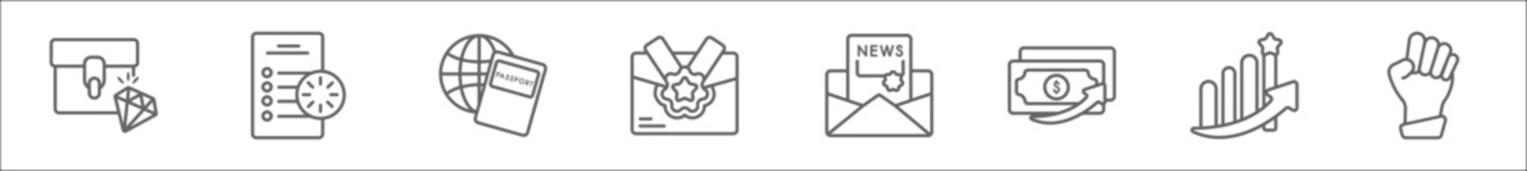 Poster - outline set of success line icons. linear vector icons such as treasure, planning, travel, send, newsletter, rise, graphics, punch