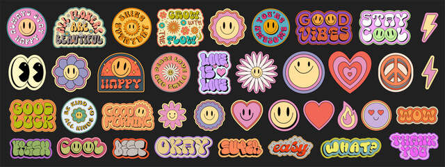 Poster - Cool Groovy Stickers Pack Vector Design. Pop Art Smile Patches. Trendy Y2K Emoji Elements. Comic Emoticons.