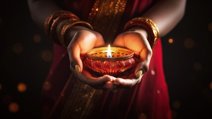 Hand hold Diwali oil lamp copy space