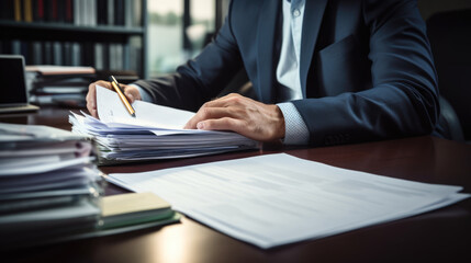 Sticker - Businessman hands working in Stacks of paper files for searching information on work desk in office, business report papers.