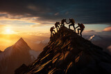 Fototapeta Góry - Summit Ascent United Team of Mountain Climbers Scale Peaks, Supporting Each Other on the Path to Triumph. created with Generative AI