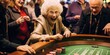 An elderly individual trying her luck at a roulette table, surrounded by a crowd of onlookers, concept of Risk-taking