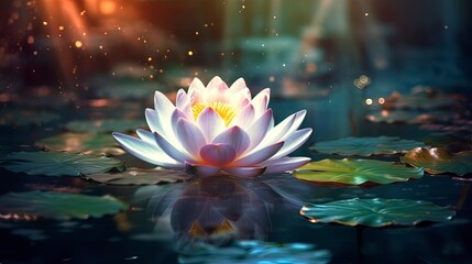 Wall Mural - Magical lotus flower on the water, neon light, reflection, magical light. Generation AI