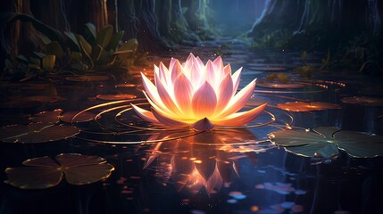 Wall Mural - Magical lotus flower on the water, neon light, reflection, magical light. Generation AI