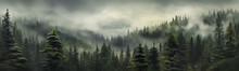 Panorama Of A Coniferous Forest In The Mist Of Tree Tops.