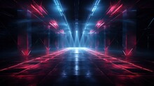 Dark Neon Corridor. Sci Fy Neon Glowing Lamps In A Dark Tunnel. Reflections On The Floor And Walls, Rays And Spotlights. Generation AI