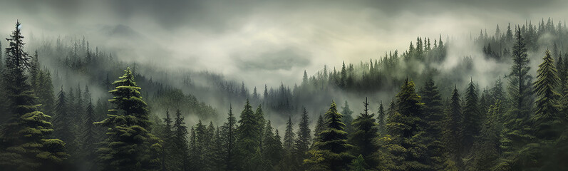 Wall Mural - panorama of a coniferous forest in the mist of tree tops.