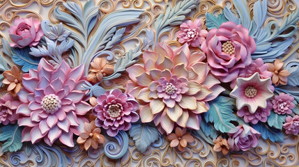 Wall Mural - 3d multicolored flowers three-dimensional painting background. flower ornament  AI