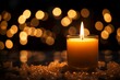 Thanksgiving ambiance Aromatic candle, flame, round bokeh on dark background
