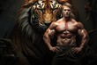 Handsome strong athletic men pumping up muscles workout bodybuilding concept background - muscular bodybuilder handsome men doing exercises in gym naked torso. Created with Generative AI tools