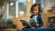 A little girl preschooler reading a book sitting at her desk in the classroom