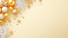  A Yellow And White Christmas Background With Gold And White Ornaments.  Generative Ai