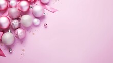  A Pink Christmas Background With Ornaments And A Pink Ribbon On Top Of The Pink Background Is A Pink Bow And A Pink Ribbon On The Bottom Of The.  Generative Ai