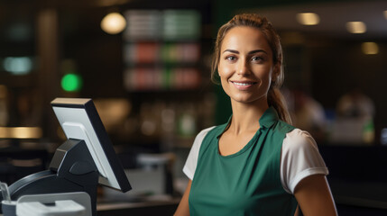 Wall Mural - Smiling female cashier at checkout counter with digital tablet in store