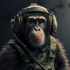 Wall Mural - Portrait of a monkey dressed in a tactical military outfit on a clean background. Wildlife Animals. Illustration, Generative AI.