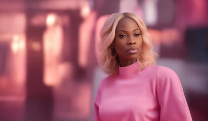 Wall Mural - Beautiful young black woman with blonde hair wearing pink clothes with copy space for your advertisement