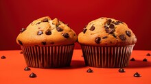  Two Muffins With Chocolate Chips On A Red Surface.  Generative Ai