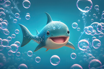 Cute baby shark with bubbles drawn, concept of Marine life depiction