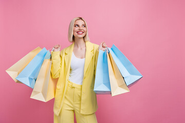 Sticker - Photo of pretty minded cheerful girl hold shop bags look empty space ad offer isolated on pink color background