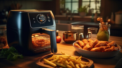 Poster - Air fryer machine cooking potato fried in kitchen.