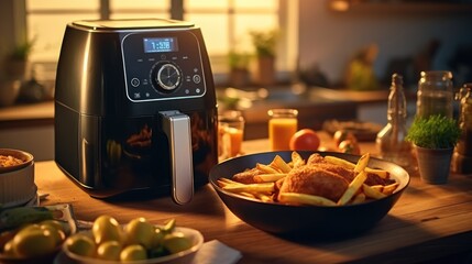 Poster - Air fryer machine cooking potato fried in kitchen.