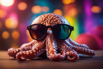 Funny octopus wearing sunglasses in studio with a colorful and bright background