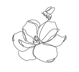 Wall Mural - Vector isolated beautiful flower with bee bumblebee one single contemporary line art colorless black and white contour line easy drawing
