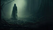 A solitary phantom floats through a foggy forest