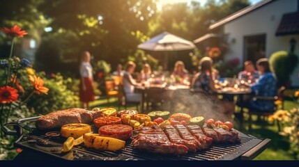 Group of friend is grilling and socializing a barbecue in a backyard.