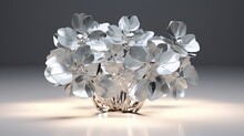  A Glass Vase Filled With Silver Flowers On A White Table.  Generative Ai