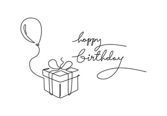 Wall Mural - Happy birthday celebration. Continuous line drawing. Single outline with gift box and balloon
