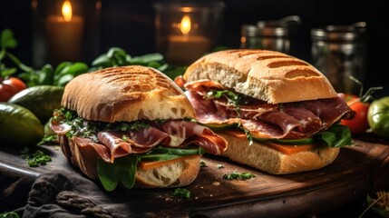 Wall Mural - Delicious sandwiches with prosciutto and cheese served on table.