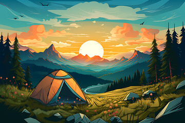 Art images of camping trips in the forest