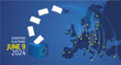 European elections June 9, 2024. Voting Day 2024 Elections in EU. EU Elections 2024. EU stars with European flag, map, ballot box and ballots on blue background