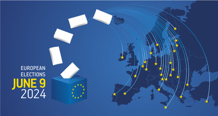 Wall Mural - European elections June 9, 2024. Voting Day 2024 Elections in EU. EU Elections 2024. EU stars with European flag, map, ballot box and ballots on blue background