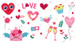 Cute set of  isolated love stickers for Valentines day. Vector illustrations for valentines day, stickers, greeting cards