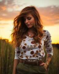 Wall Mural - Woman in Denim Shorts Standing in a Sunflower Field