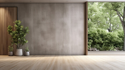 Empty room with grey wall, wooden floor with plants and window. Interior design mockup