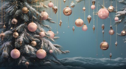 Poster -  a christmas tree with ornaments hanging from it's branches.  generative ai