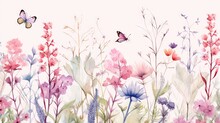  A Painting Of A Field Of Flowers With A Butterfly Flying Over It In The Sky Above The Flowers Is A Pink And Blue Field With Pink Flowers.  Generative Ai