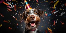 Excited Dog Celebrating Birthday With Colorful Confetti