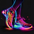 female legs in sneakers in neon style