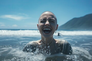 Happy woman with shaved head