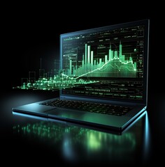 Poster - Application of laptop with business graph, analytical data. Trend analysis and concept of software development coding process. Programming, coding, concept banner. Computer program code. Blue neon 