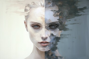  Double exposure portrait of a beautiful girl in white with a painted face . Ai generative